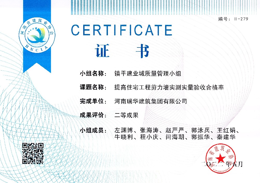 鎮(zhèn)平建業(yè)城質(zhì)量管理小組二等成果